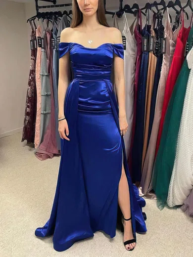 Sheath/Column Off-the-shoulder Silk-like Satin Detachable Prom Dresses With Split Front #Milly020115447