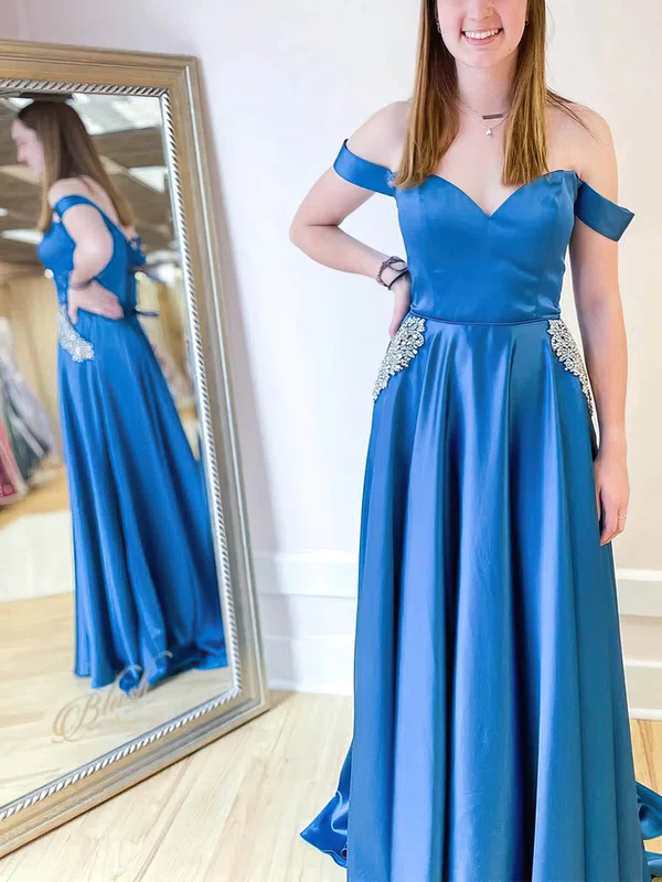 A-line Off-the-shoulder Silk-like Satin Sweep Train Prom Dresses With Pockets #Milly020115449