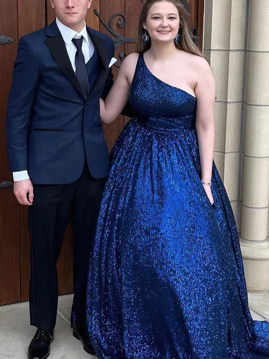 Ball Gown One Shoulder Sequined Sweep Train Prom Dresses #Milly020115458