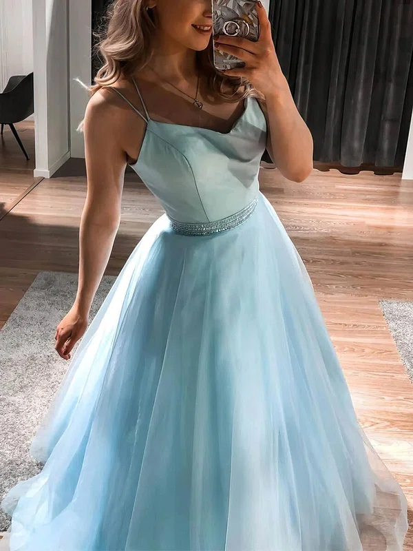 Princess V-neck Tulle Sweep Train Prom Dresses With Appliques Lace #Milly020115463