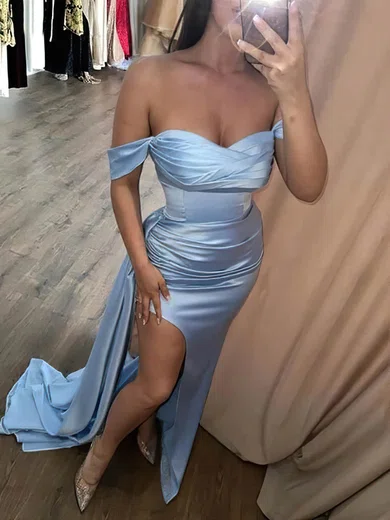 Sheath/Column Off-the-shoulder Silk-like Satin Sweep Train Prom Dresses With Split Front #Milly020115500