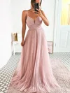 A-line V-neck Tulle Sweep Train Prom Dresses With Pleats #Milly020115504