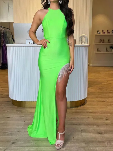 Sheath/Column Halter Jersey Prom Dresses With Fringe #Milly020115510