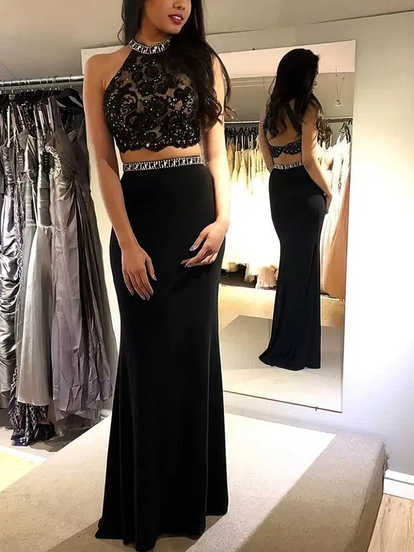 Sheath/Column Scoop Neck Lace Stretch Crepe Floor-length Prom Dresses With Beading #Milly020115517
