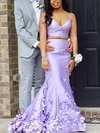 Trumpet/Mermaid V-neck Satin Sweep Train Prom Dresses With Flower(s) #Milly020115526