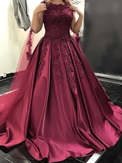 Ball Gown Scoop Neck Satin Sweep Train Prom Dresses With Beading #Milly020115528