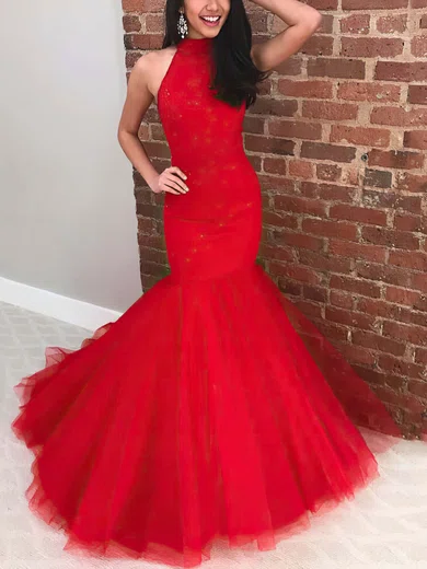 Trumpet/Mermaid High Neck Tulle Sweep Train Prom Dresses With Beading #Milly020115532