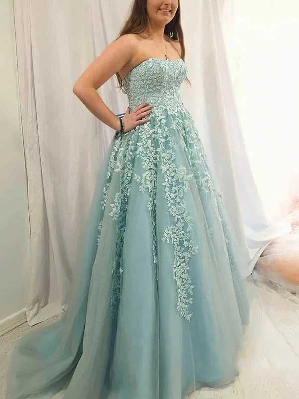 Princess Strapless Tulle Sweep Train Prom Dresses With Appliques Lace #Milly020115539