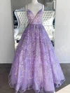 Ball Gown V-neck Tulle Floor-length Prom Dresses With Appliques Lace #Milly020115540