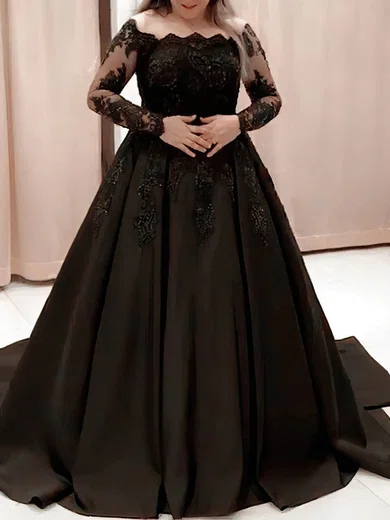 Ball Gown Off-the-shoulder Satin Prom Dresses With Appliques #Milly020115543