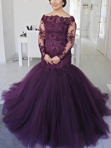 Trumpet/Mermaid Off-the-shoulder Tulle Sweep Train Prom Dresses With Appliques Lace #Milly020115545