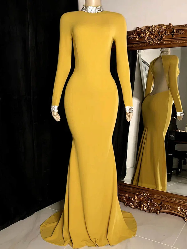Trumpet/Mermaid High Neck Jersey Sweep Train Prom Dresses With Beading #Milly020115552