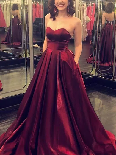 Ball Gown Sweetheart Satin Sweep Train Prom Dresses With Pockets #Milly020115555