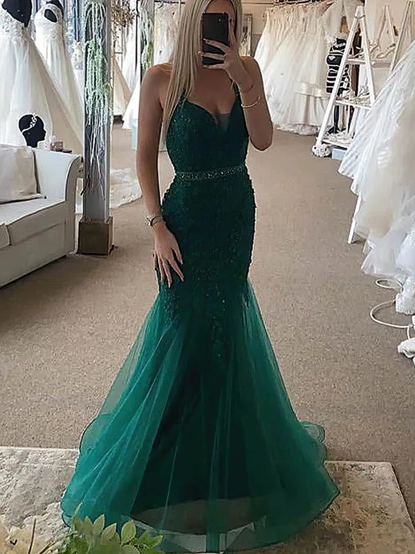 Trumpet/Mermaid V-neck Tulle Sweep Train Prom Dresses With Sashes / Ribbons #Milly020115557