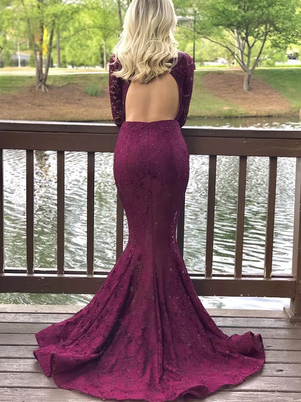 Trumpet/Mermaid Scoop Neck Lace Sweep Train Prom Dresses With Beading #Milly020115562