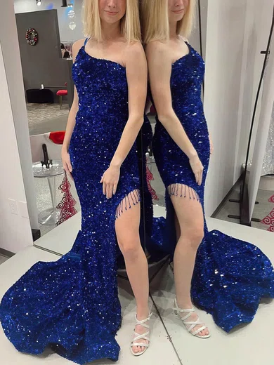 Sheath/Column One Shoulder Sequined Sweep Train Prom Dresses With Split Front #Milly020115567