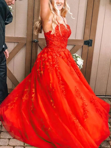 A-line Scoop Neck Tulle Sweep Train Prom Dresses With Appliques Lace #Milly020115569