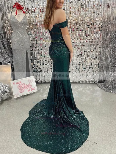 Sheath Column Sweep Train Off the shoulder Sequined Ruffles Prom Dresses millybridal