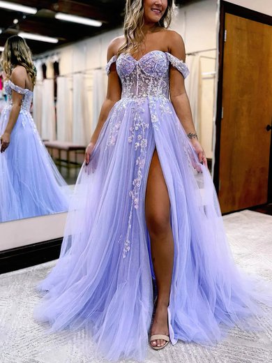 Ball Gown/Princess Off-the-shoulder Tulle Glitter Sweep Train Prom Dresses With Appliques Lace S020115577