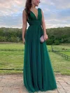 A-line V-neck Tulle Floor-length Prom Dresses #Milly020115589