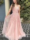 A-line V-neck Lace Tulle Sweep Train Prom Dresses With Appliques Lace #Milly020115600