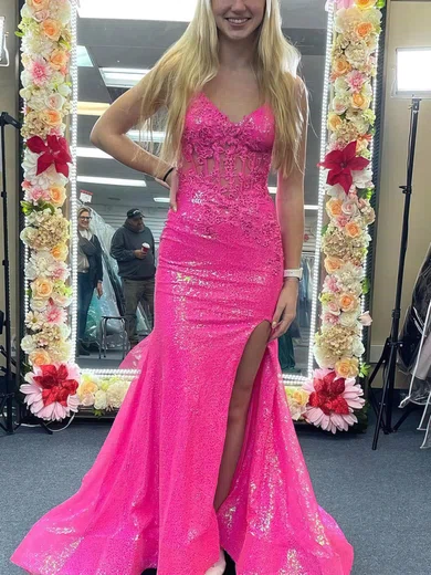 Sheath/Column V-neck Sequined Sweep Train Prom Dresses With Appliques Lace #Milly020115619