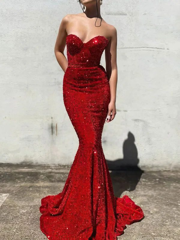 Trumpet/Mermaid Sweep Train Sweetheart Velvet Sequins Prom Dresses #Milly020115622