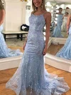Trumpet/Mermaid Scoop Neck Tulle Sweep Train Prom Dresses With Appliques Lace #Milly020115623