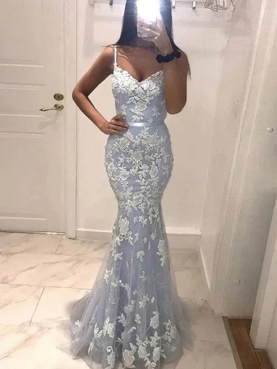Trumpet/Mermaid V-neck Tulle Sweep Train Prom Dresses With Appliques Lace S020115624