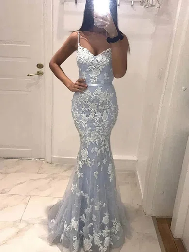 Mermaid V-neck Tulle Prom Dresses With Appliques #Milly020115624