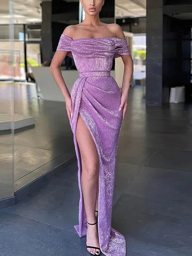 Off Shoulder Ruched Glitter Split Corset Dress PT020115628