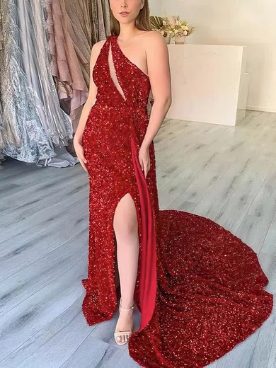 Sheath/Column One Shoulder Sequined Sweep Train Prom Dresses With Split Front #Milly020115629