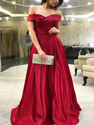A-line Off-the-shoulder Satin Sweep Train Prom Dresses With Ruffles #Milly020115630