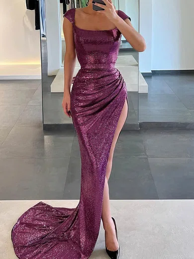 Sheath/Column Square Neck Sparkly Sequin Prom Dresses With Ruched #Milly020115634