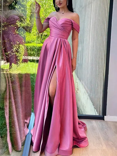 A-line Off-the-shoulder Satin Prom Dresses With Ruched #Milly020115636