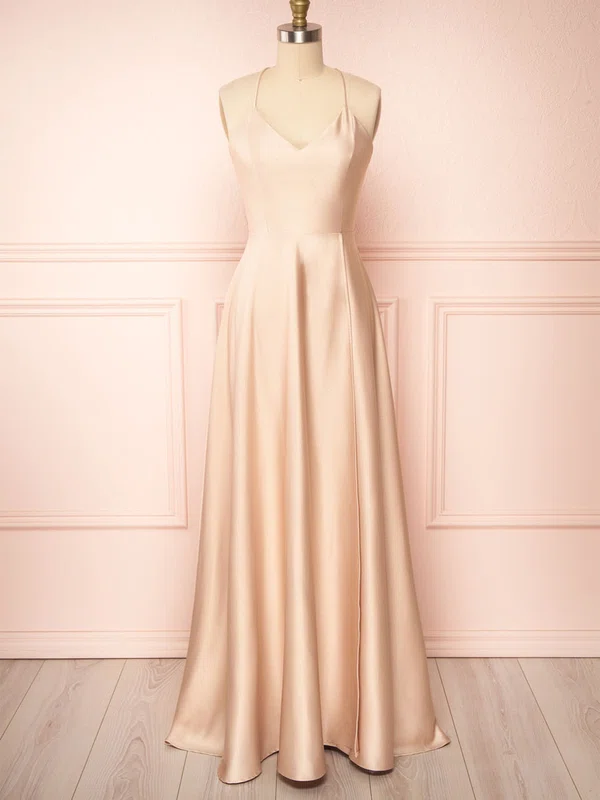 A-line V-neck Silk-like Satin Floor-length Split Front Bridesmaid Dresses #Milly01014394