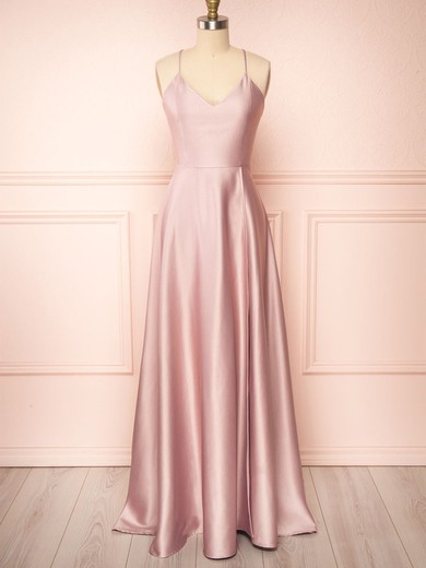 A-line V-neck Silk-like Satin Floor-length Split Front Bridesmaid Dresses #Milly01014399