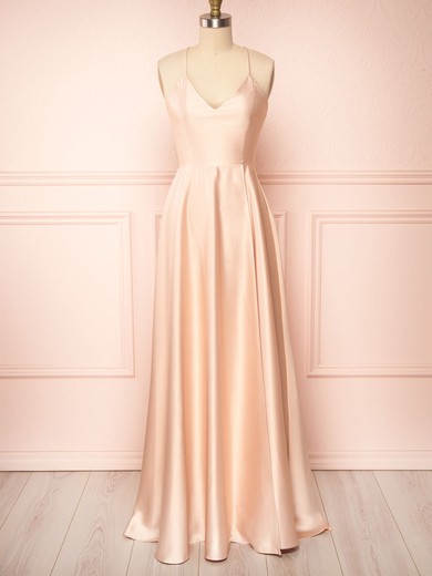 A-line V-neck Silk-like Satin Floor-length Split Front Bridesmaid Dresses #Milly01014402