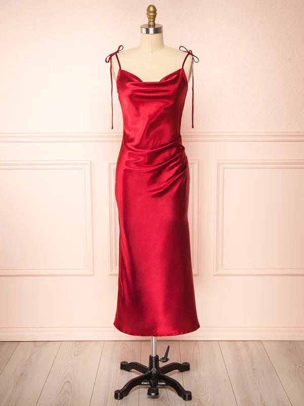 Sheath/Column Cowl Neck Silk-like Satin Tea-length Split Front Bridesmaid Dresses #Milly01014404