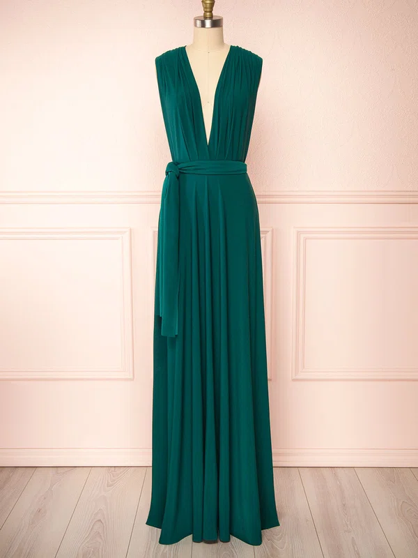 A-line V-neck Jersey Floor-length Bridesmaid Dresses With Sashes / Ribbons #Milly01014405