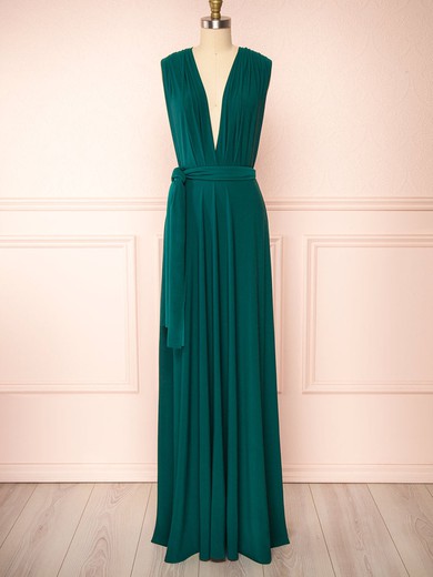 A-line V-neck Jersey Floor-length Bridesmaid Dresses With Sashes / Ribbons #Milly01014405