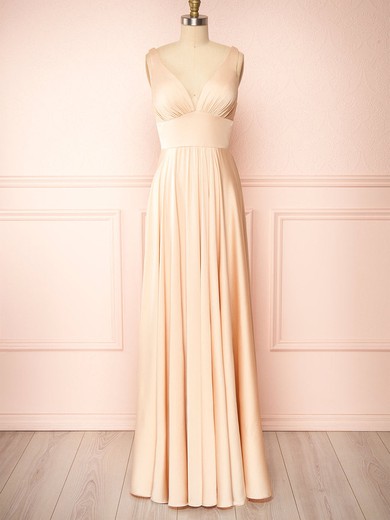 A-line V-neck Silk-like Satin Floor-length Bridesmaid Dresses With Ruffles #Milly01014408
