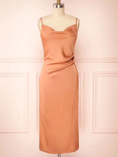 Sheath/Column Cowl Neck Silk-like Satin Tea-length Split Front Bridesmaid Dresses #Milly01014412