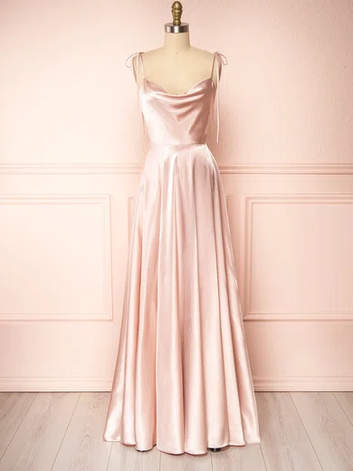 A-line Cowl Neck Silk-like Satin Sweep Train Split Front Bridesmaid Dresses #Milly01014415