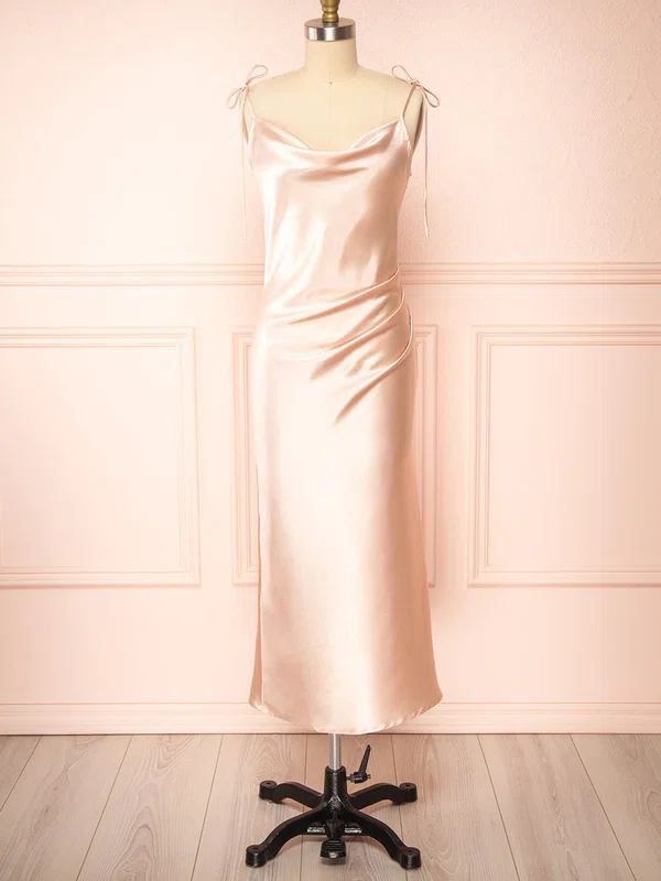 Sheath/Column Cowl Neck Silk-like Satin Tea-length Bridesmaid Dresses With Split Front #Milly01014417