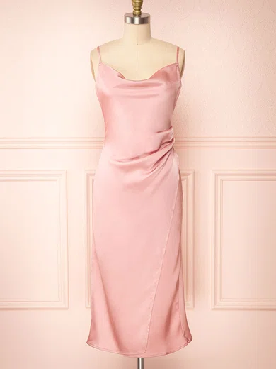 Sheath/Column Cowl Neck Silk-like Satin Tea-length Split Front Bridesmaid Dresses #Milly01014420
