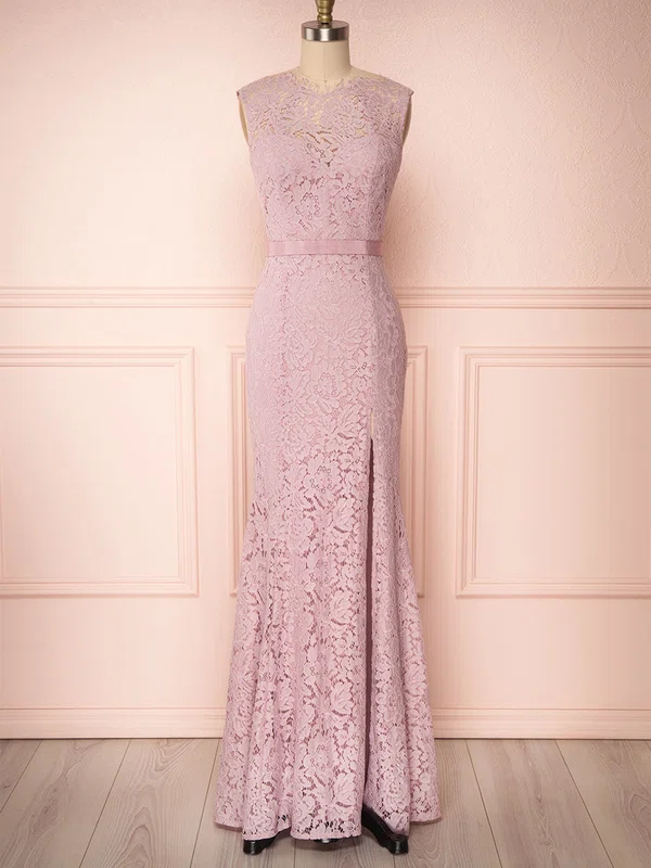 Sheath/Column Scoop Neck Lace Floor-length Bridesmaid Dresses With Sashes / Ribbons #Milly01014421