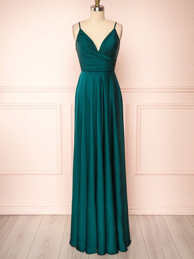 A-line V-neck Silk-like Satin Floor-length Ruffles Bridesmaid Dresses #Milly01014422