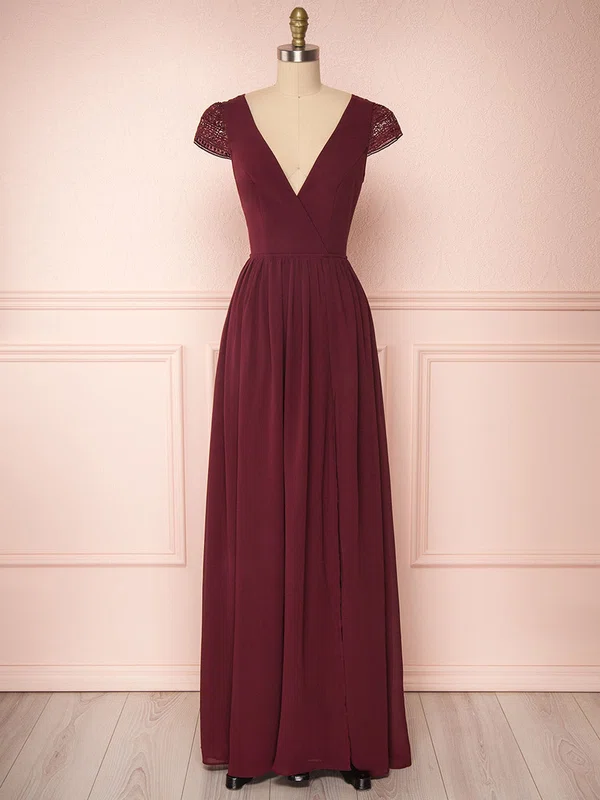 A-line V-neck Lace Chiffon Floor-length Bridesmaid Dresses With Bow #Milly01014423
