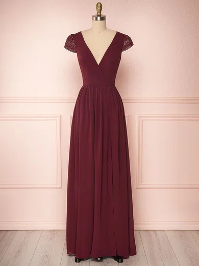 A-line V-neck Lace Chiffon Floor-length Bridesmaid Dresses With Bow #Milly01014423